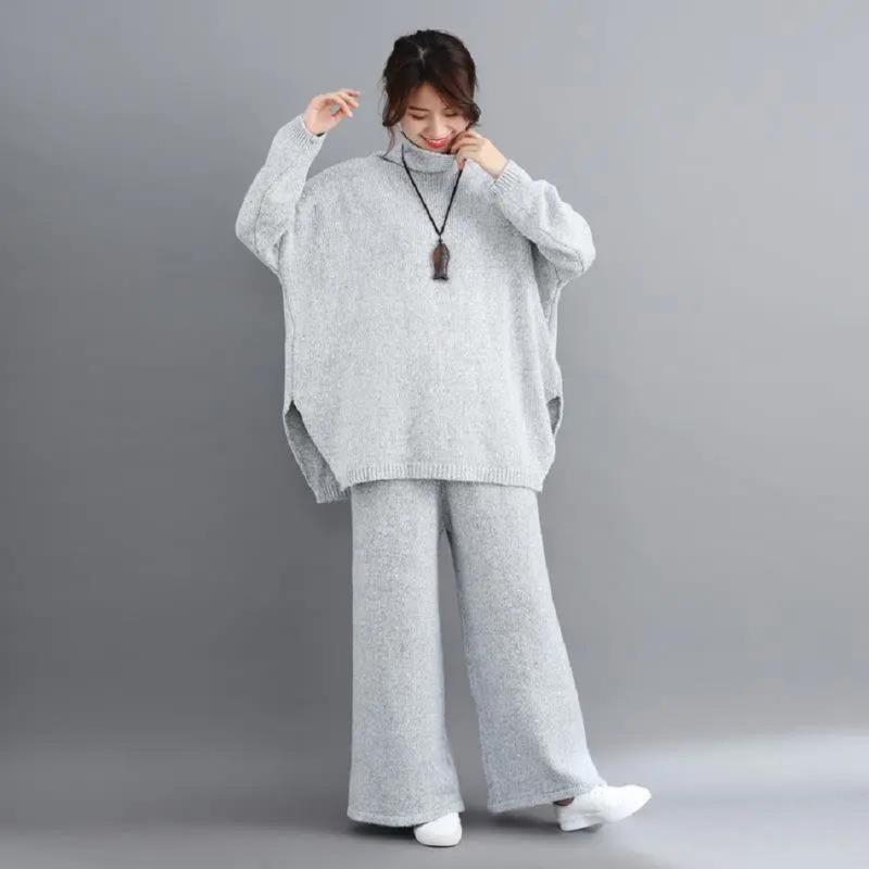 

Women' Sweaters 2 Piece Set Women OutfitFashion Autumn/winter 2021turtleneck Woman Knit Sweater Wide Leg Pants Casual Outer Wear Suit, Gray
