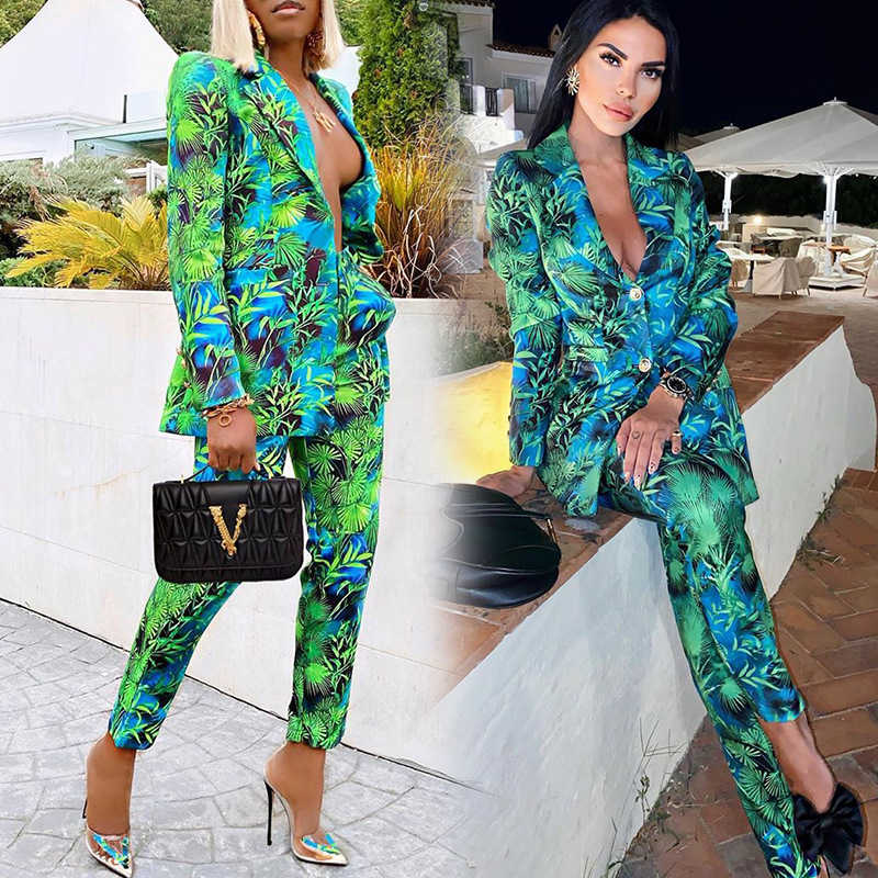 

2020 Autumn Women Pant Suits Green Jungle Print Blazer Vintage Streetwear Long Sleeve Coat and High Waist Trouser 2 Piece Set, White