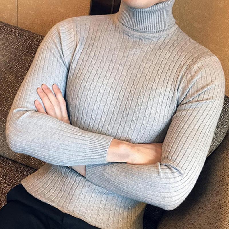 

2021 High Quality Warm Turtleneck Sweater Men Fashion Solid Knitted Mens Sweaters Casual Slim Pullover Male Double Collar Tops, Wine red