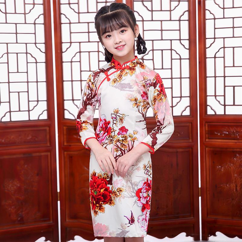 

Long sleeve peony Chinese Traditional dress Girls cheongsam qipao style Cute Baby