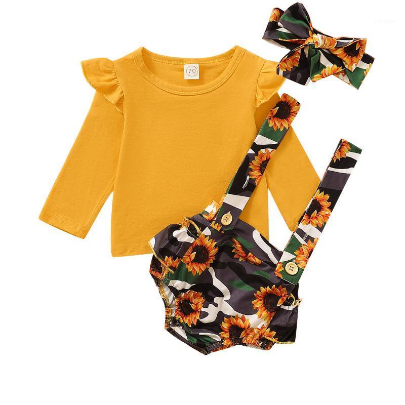 

2020 Summer Baby Girls Outfits Long Sleeve Round Collar Rompers + Sunflower Print Suspender Shorts + Headband Set 0-18M Clothing1, As pic