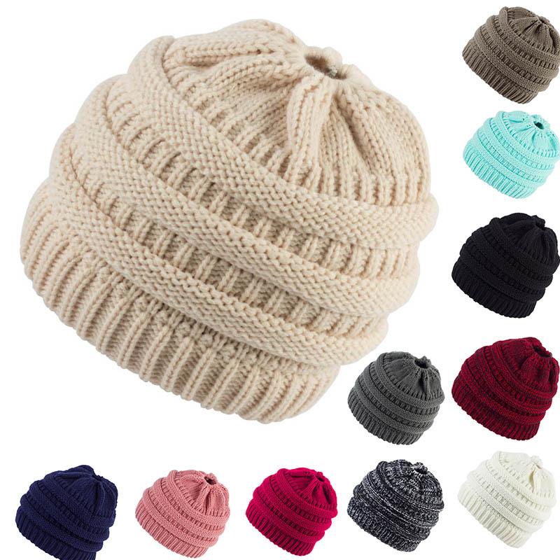 

SHUANGR Hot Sale Women Autumn Winter Knitted Hat Messy Bun Beanies Holey Warm Wool Caps 2020, Q13129