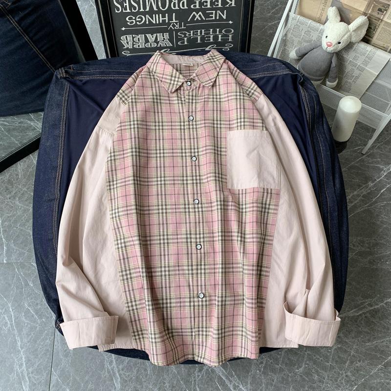 

Plaid shirt male spring Korean ins loose stitching pocket couple shirt, Blue
