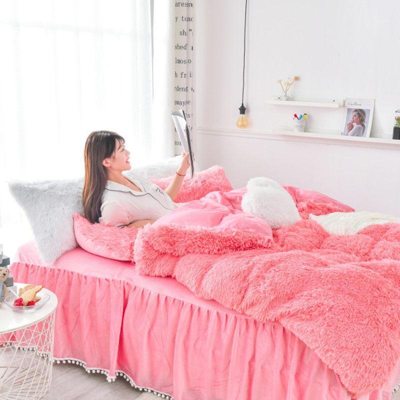 

AB Cloud Velvet Crystal Velvet Princess Style 4pcs Duvet Cover Bed Skirt Pillowcase Pink Red White Grey Ruby Purple Queen1