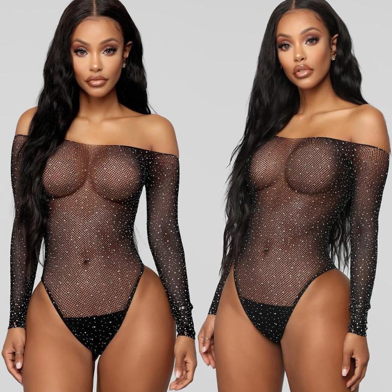 

New Women Black Lace Fishnet Rhinestone Lingerie Off- Shouder fishnet stockings fish panty high waist Transparent stockings 2020