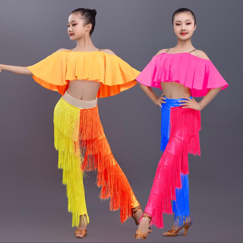 

New Latin Dance Clothing Set Girls Yellow Cropped Tops Fringed Trousers Suit Children Performance Dress Competition Costume 3482, Pink