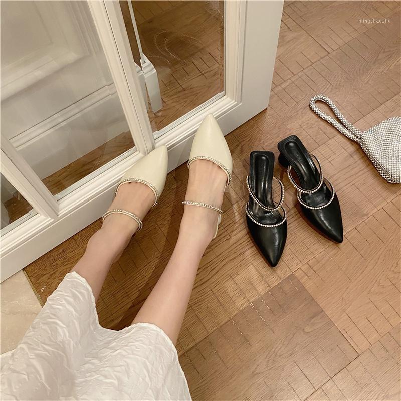 

Round Heel Slipper Women Brand Pointed Toe Mules Shallow Slip On Outdoor Slide Elegant Pumps Party Crystal Chain Shoes Fashion1, Black