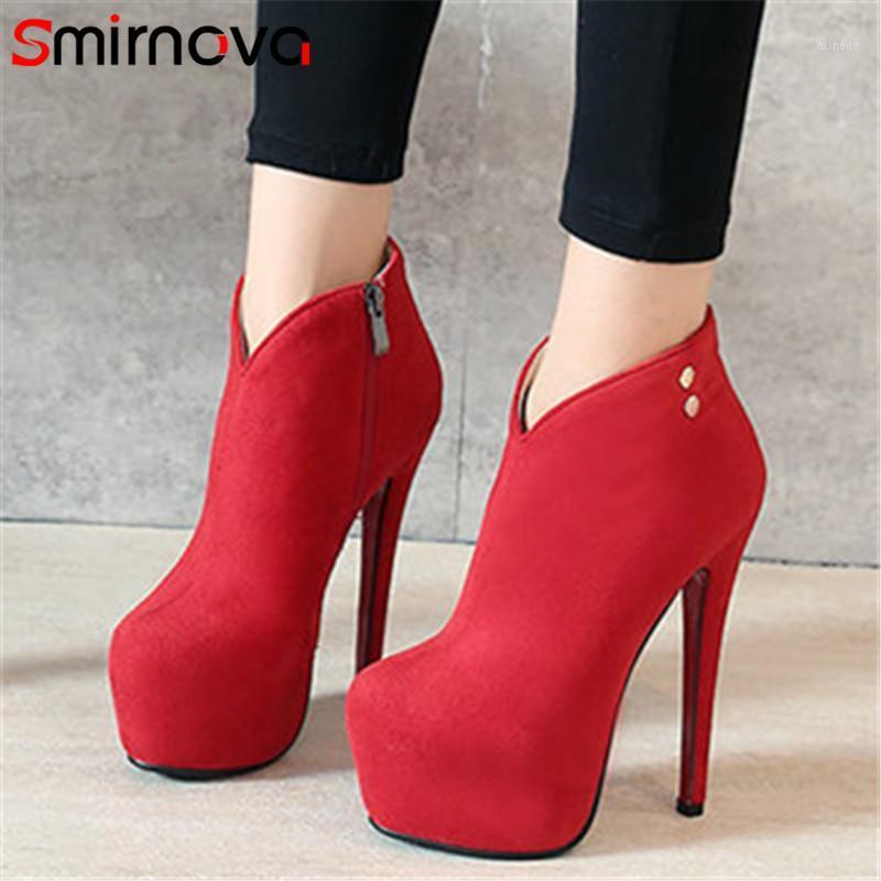 

Smirnova newest 2020 sexy women boots solid super high heel zipper thin heels platform boots round toe ladies ankle1, Black