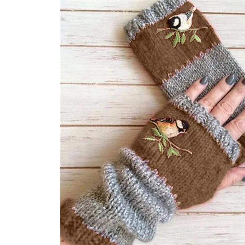 

Birds Embroidery Knitted Gloves Women Girls Fashion Patchwork Color Fingerless Mittens Winter Thick Warm Plus Velvet Gloves