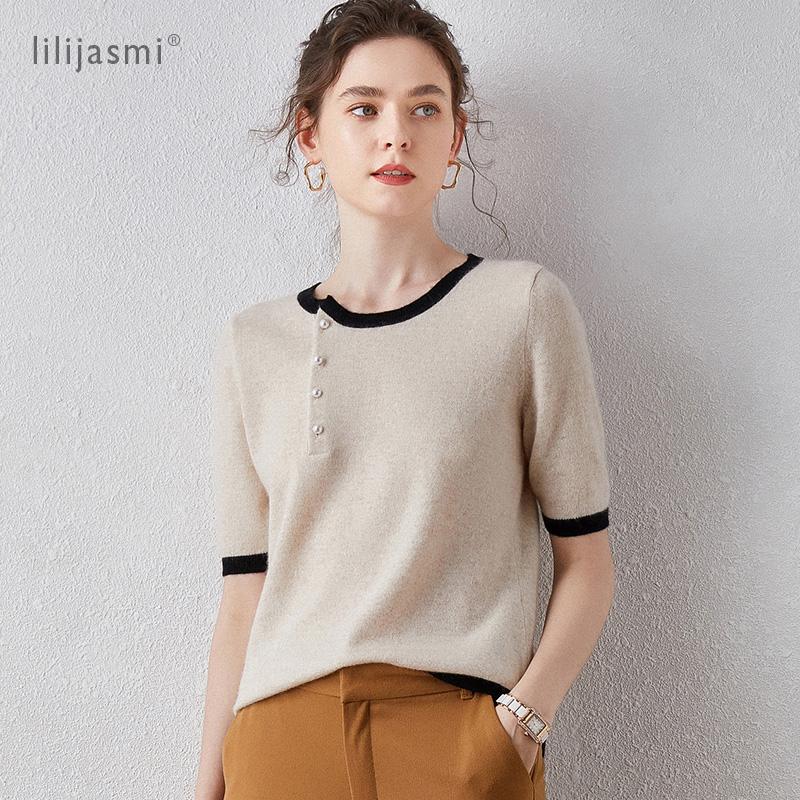 

2020 Color-matching Real 100% Cashmere O-neck Short Sleeve Pullover Pearl Clasp Knitted Tee Women Cashmere Sweater Women Jumper, Black