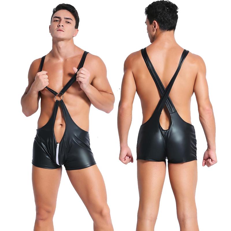 

Men' sexy one-piece patent leather tight-fitting sling boxer briefs high-elastic imitation leather high-gloss zipper PU, Black