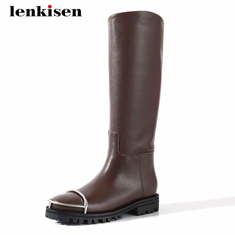

Lenkisen high quality natural leather mixed colors platform round toe thick med heel slip on young lady cozy knee high boots L831, Brown