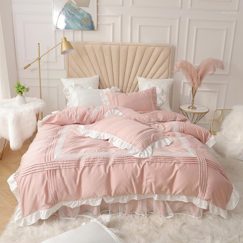 

Luxury Princess style 100% cotton Bedding set ruffles Duvet cover bedskirt Pillowcases 4pcs for girls bed set1