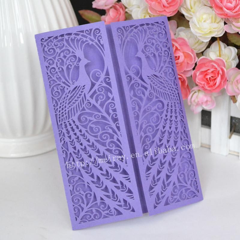 

Wholesale- 100pcs/lot peacock wedding favors, purple laser cut invitations1
