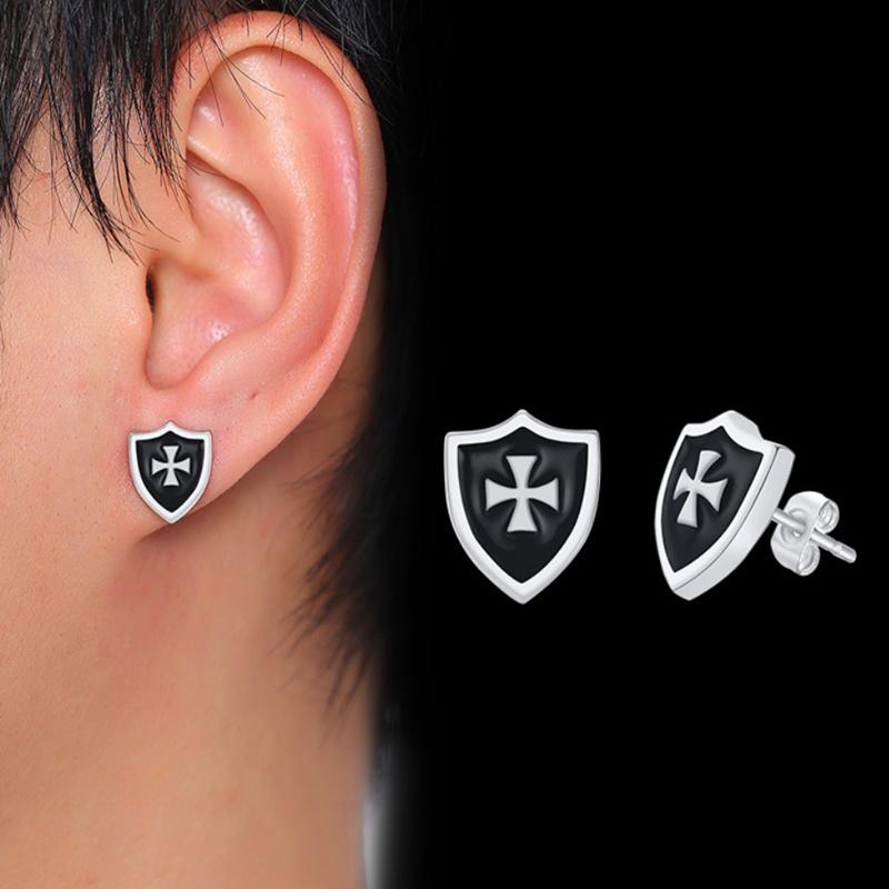

Stud Religious Style Knights Templar Metal Cross Shield Earring Cool Men's Classic Punk Jewelry
