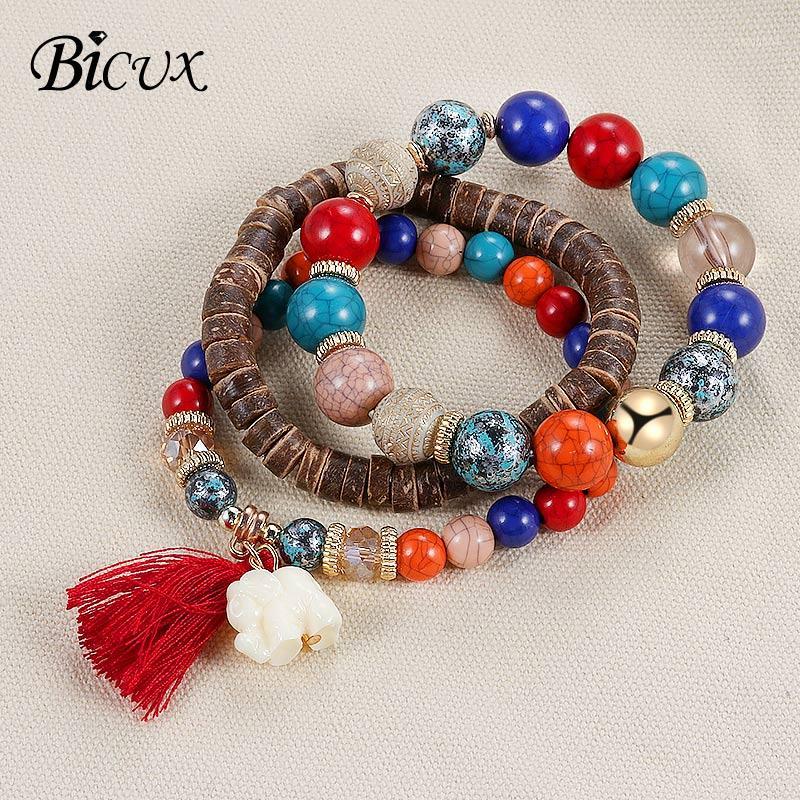 

Charm Bracelets BICUX Fashion Bohemian Ethnic 3 Sets Natural Stone Handmade For Women Men Decoration Tassel Elephant Bracelet1