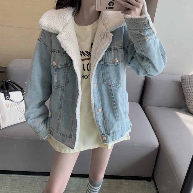 

2020 winter new style thick warm loose lamb wool denim cotton jacket thermal fleece jean coat parkas, Light blue coat
