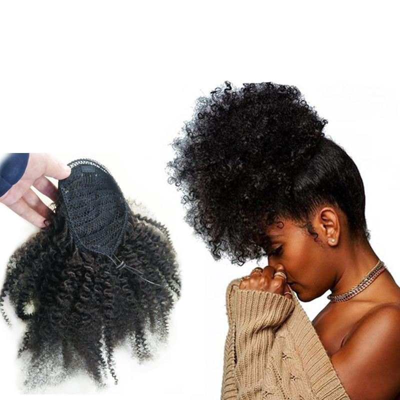 

Hot Sell Human Hair Ponytail Extensions Yaki Afro Kinky Curly Ponytail Wrap Drawstring Human Hair Natural Black Color With Clip In Hair