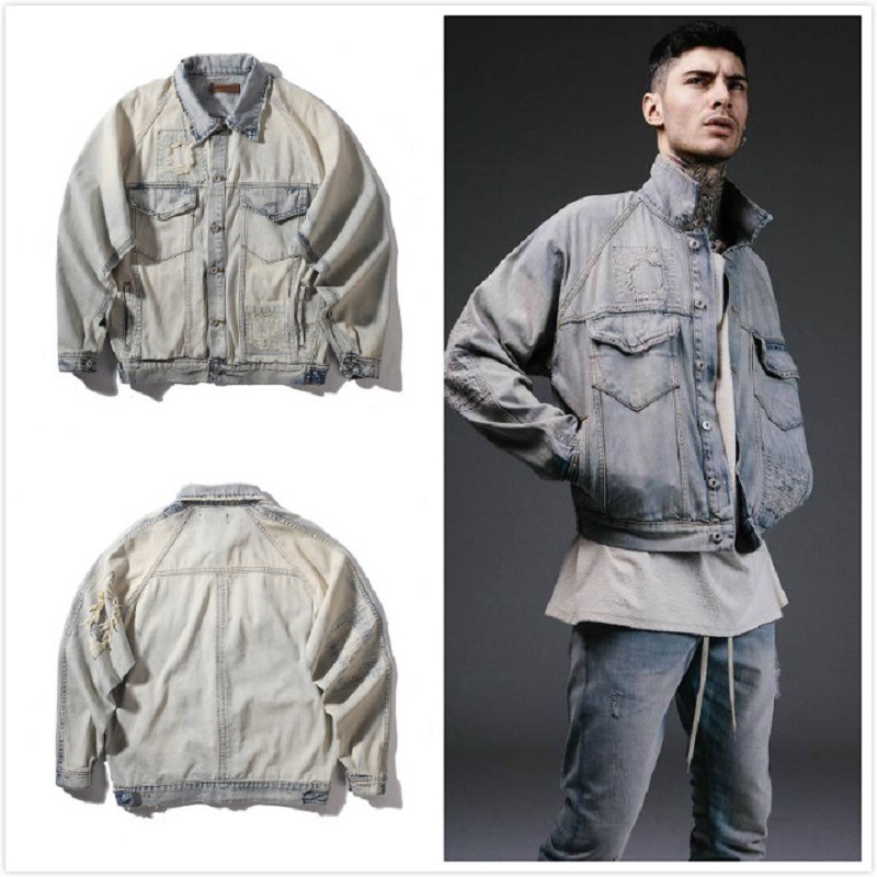 

Mens kanye west denim raglan mark dropped shoulder slightly anguished shreds of large vintage jacket size FMQ5, Picture color