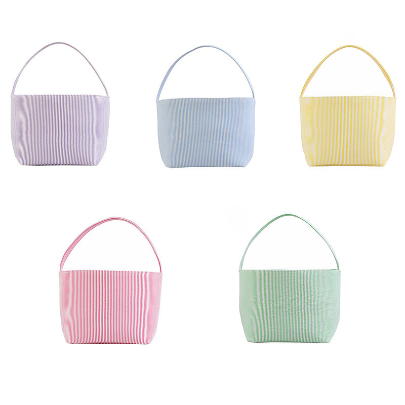 

Seersucker Easter Bag Festive Cute Stripe Candy Gift Basket Household Sundries Storage Bucket Kids Toy Tote Bags Festival Party Decor