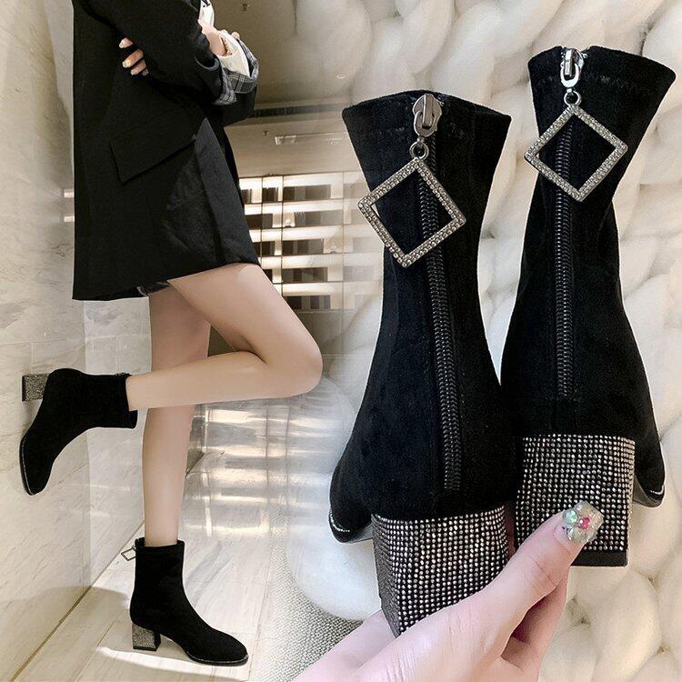 

Ankle Boots Women Shoes Womean Boots Stretch Thin Socks 2020 New Women Rhinestone High Heels Booties B13, Black