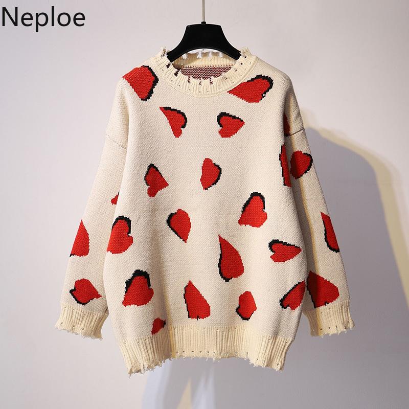 

Neploe Hole Sweaters Oversized Outwear Knitted Pullovers Fall 2020 Women Sweet Heart Jumper Fashion Korean Knitwear Sueter, Blue