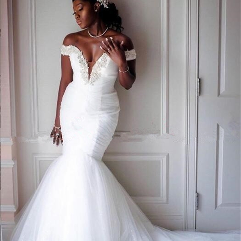 

2021 New Glamorous African Fashions Cascade Frilly Mermaid Dresses Off the Frizzy Shoulder Tulle Lace to Wedding Gowns SJYP, Ivory