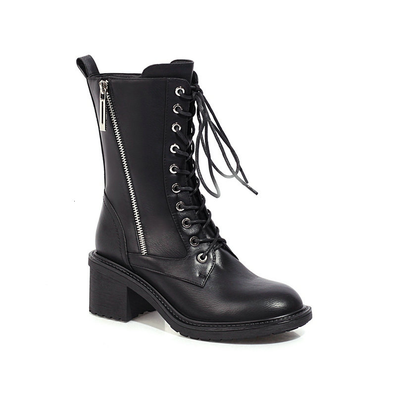 

2021 New Round Toe Lace Up All Match Women Autumn Winter Square Heel Ankle Boots Pu Leather Ladies Shoes Size 34-40 Xint, Brown