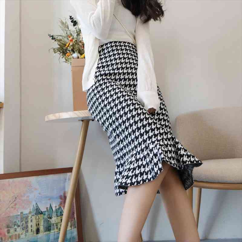 

Tingyili Houndstooth Knit Pencil Skirts Womens Autumn Winter Bodycon Mermaid Skirt High Waist Office Lady Midi Skirt Black Red