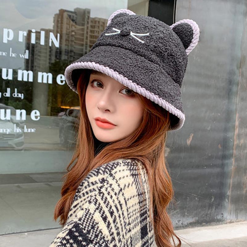 

Women Winter Plush Bucket Hat with Cute Cat Ears Flat Hats Soft Animal Printed Warm AC889, Black