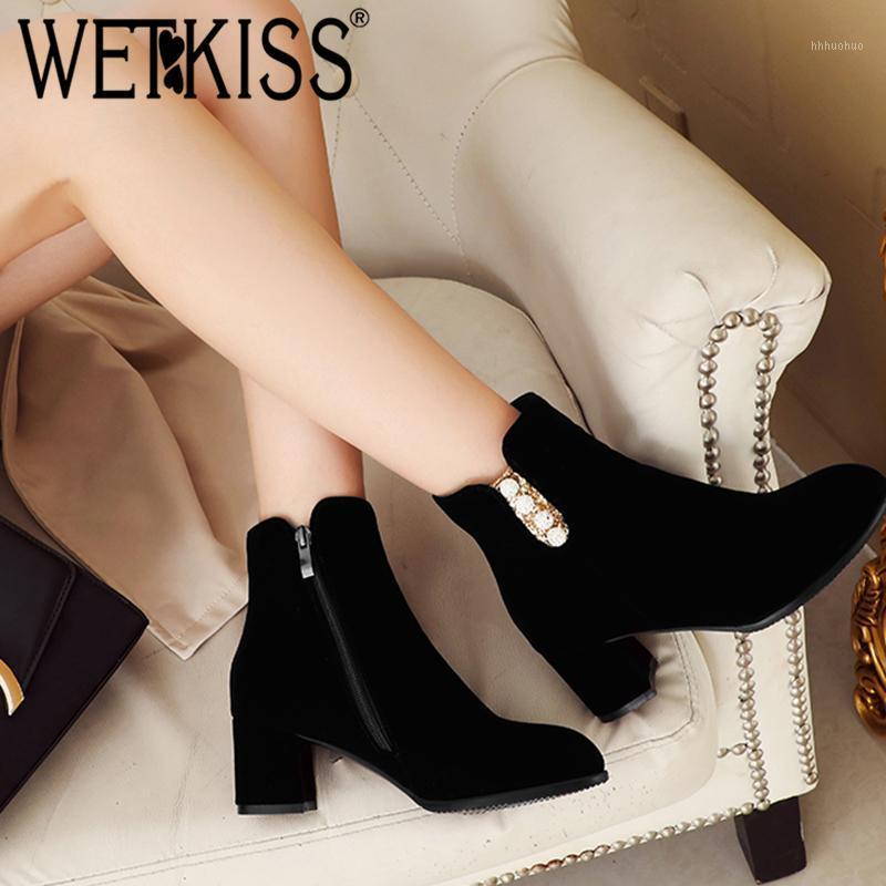 

WETKISS Sexy Simple Women Ankle Boots Metal Decor Zip Female Bootie Round Toe Thick High Heel Shoes Fashion New Non Slip Shoes1, Black
