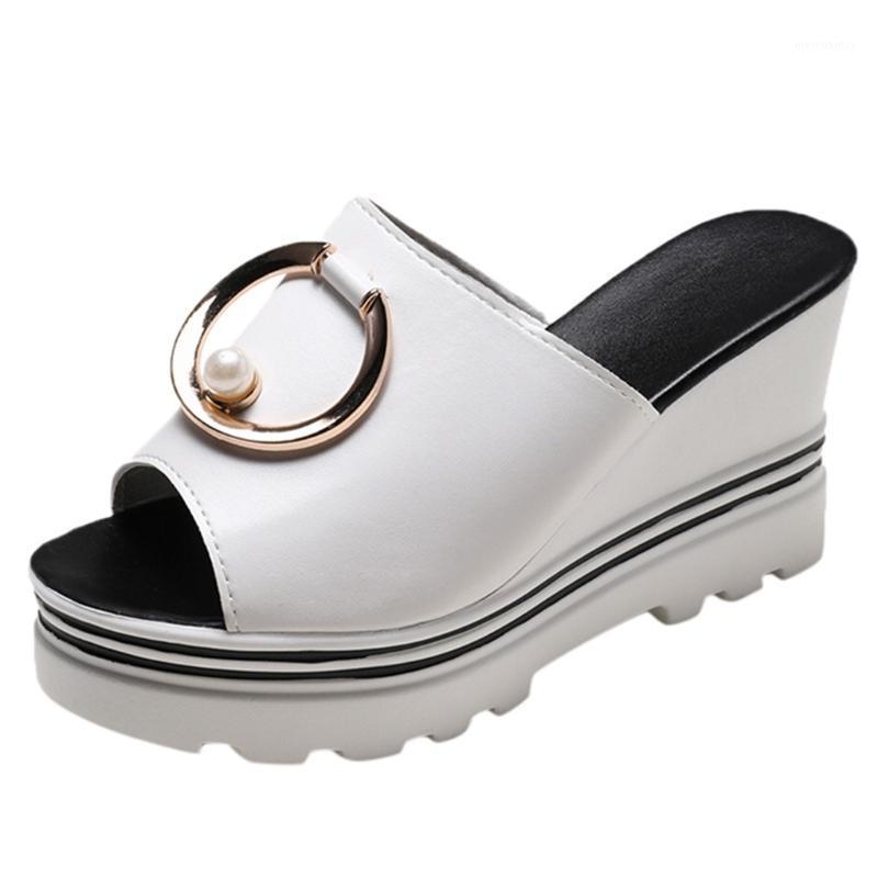 

Fashion ladies summer pearl slip-on fish mouth breathable sandals wedges 2020 new women's slip-on sandals women's shoes1, Black