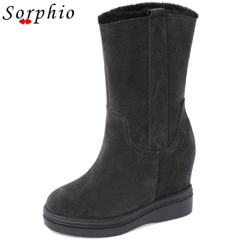 

Sorphio Cow Suede Winter Female Winter Short Plush Warm Ankle Boots Increasing Height Boots Women Casual Shoes Woman, Black