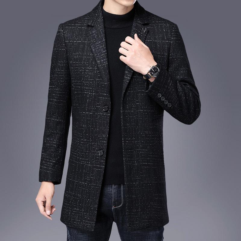 

Middle aged men's Plaid stripe medium length woolen coat men's woollen coat casual suit suit 3026, Black