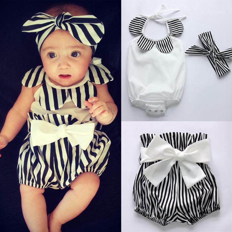 

Baby & children's clothes Toddler Baby Girl Romper Tops+Striped Shorts Bottoms+Head Band 3PCS Outfits Sunsuit 0-24M1, As pic