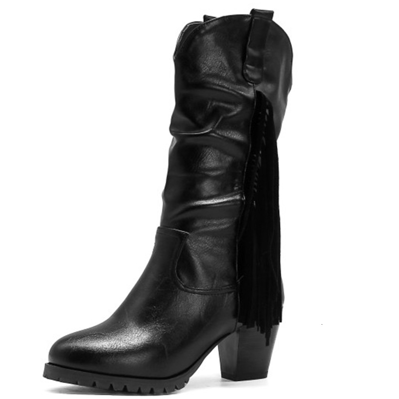 

2021 New Fashion Casual Round Toe Mid Calf Pu Leather Long Boots Square High Heel Women Shoes Size 34-43 Kk98, Brown