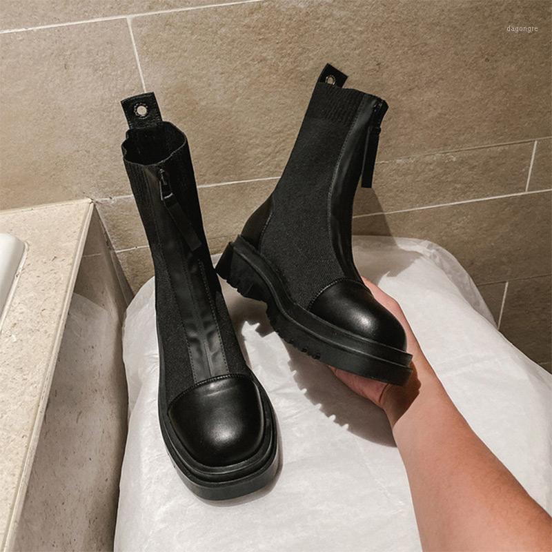 

Women's Ankle Boots Knitting Stretch Fabric Black Shoes Zipper Platform Ladies Chunky Heels Fashion Female Footwear Socks Shoes1, White