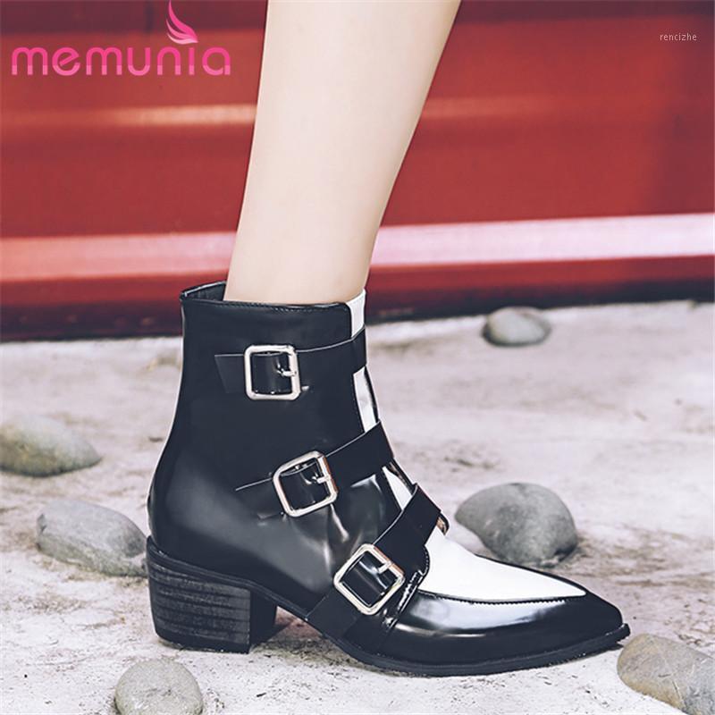

MEMUNIA 2020 new arrival women ankle boots mixed colors pointed toe autumn boots buckle zip square heels punk shoes woman1, Black