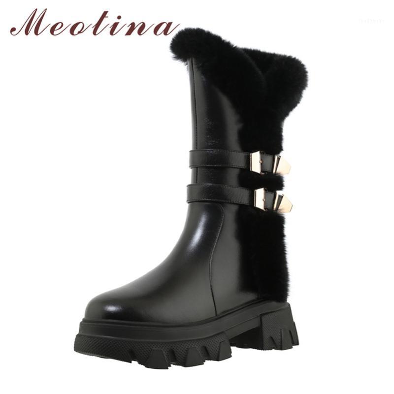 

Meotina Buckle Real Leather Platform High Heel Mid Calf Boots Women Shoes Zip Warm Fashion Female Snow Boots Winter Black Beige1, Beige