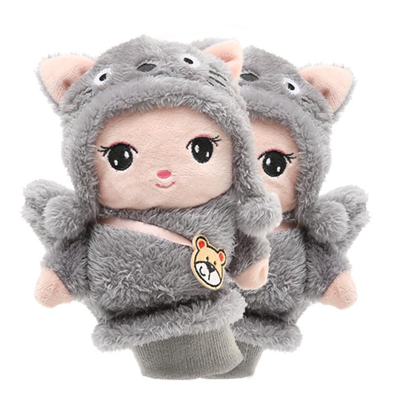 

Women Men Winter Knit Gloves Cute 3D Fluffy Cartoon Animal Decor Thickened Plush Lining Windproof Thermal Warm Mittens