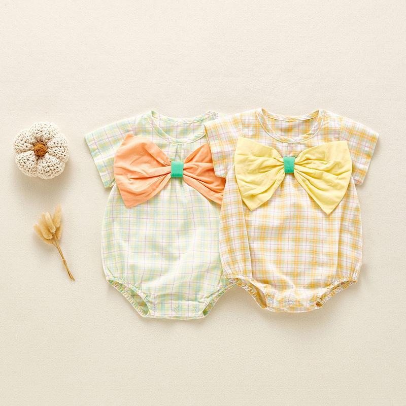 

Newborn Infant Baby Romper Girls romper Short Sleeve O-Neck Plaid Overall Fashion Clothes Outfit Thin section1, Green