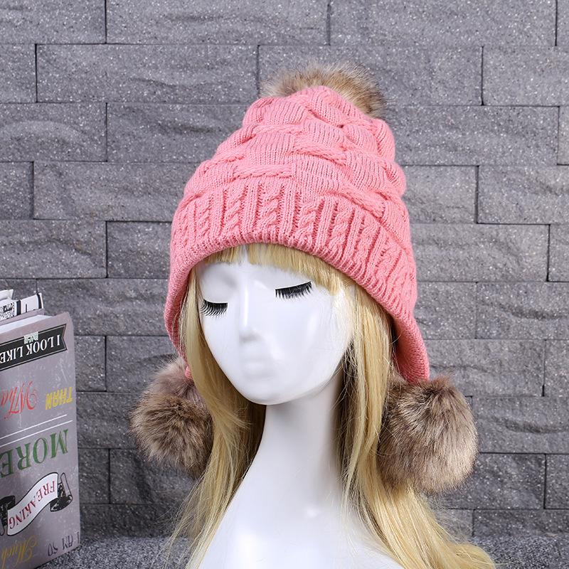 

Faux Fur Pom Knitted Beanies Winter Warm Soft Thick Pompom Ball Ski Hat Cap Bonnet Fashion Kpop Style Streetwear for Women, Red