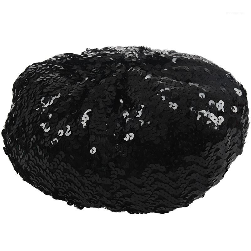 

Lady Costume Stretch Sparkly Shining Sequin Beret Beanie Hat1, Black
