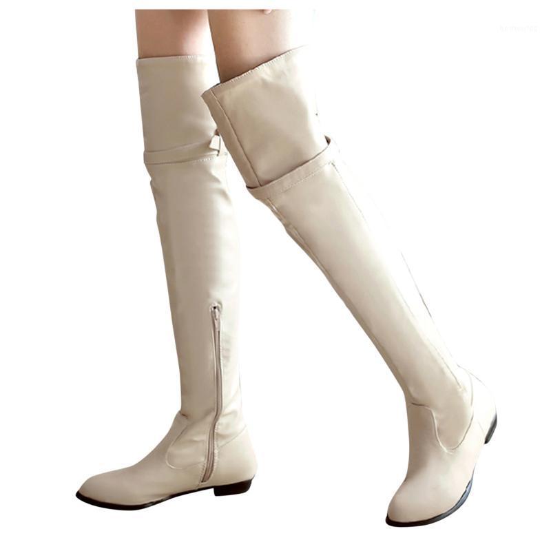 

Women's Over The Knee Boots Winter Shoes Female Leather Long Boots Round Head High Belt Buckle Flat Booties botas mujer A301, Beige