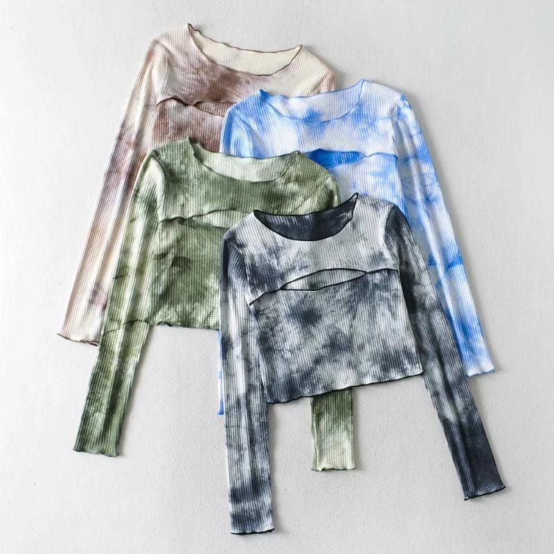 

2020 Autumn New Tie-Dye Hollow Small Round Neck Slim Long Sleeve Top European and American Wild Slim Long Sleeve T-shirt Women, Black