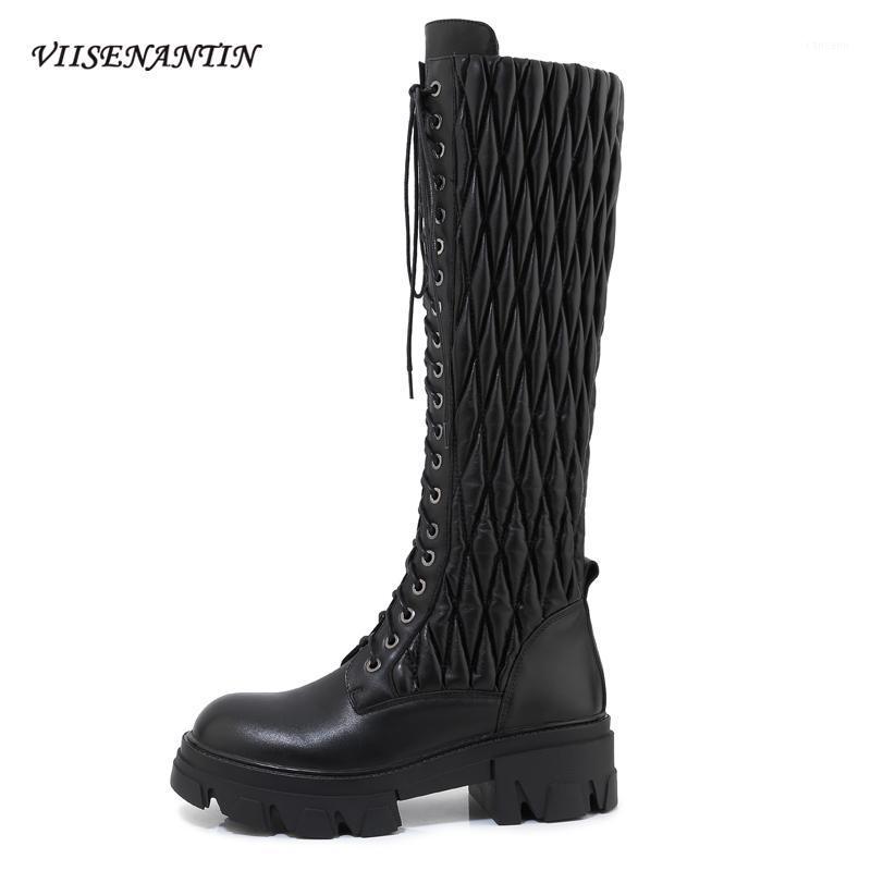 

Autumn Winter New Thick-soled All-match High Boots Women British Style Leather Sponge Cake Strappy Pleated Decor Knight Boots1, Black