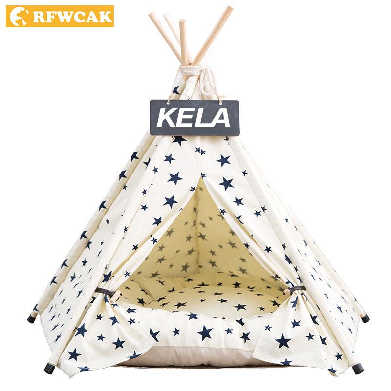 

RFWCAK Pet Tent Dog Bed Cat Toy House Portable Washable Pet Teepee Beds For Small Dogs Star Pattern Fashion 2020 Included Mat, White with cushion