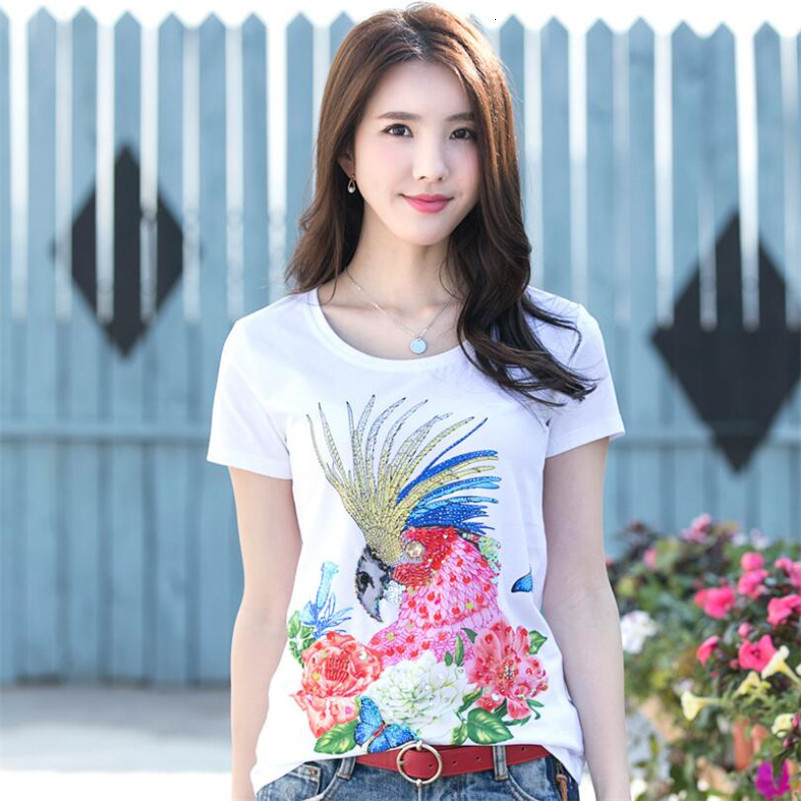 

2021 Summer Short-sleeve Fashions Slim Parrot Frizzy Sequins Women's T-shirt Casual Plus Size Tops P1015 Jfb7, White