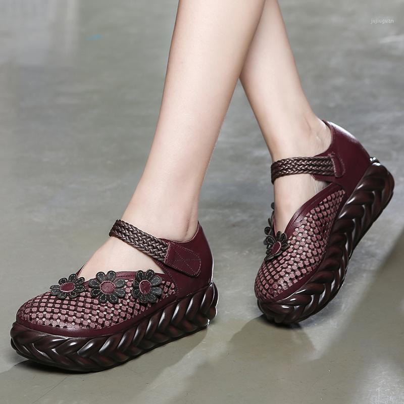 

ALISHINREY Fashion Women Pumps Spring Handmade Genuine Leather High Heels Flower Cut Out Wedges Women Casual Shoes1, Black