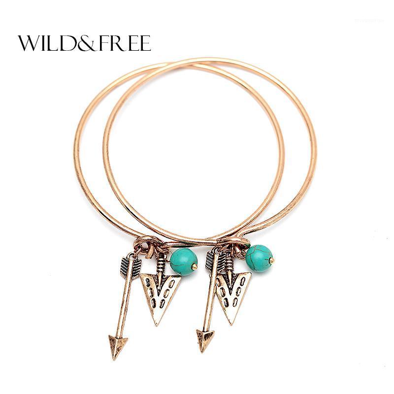 

Vintage 2PCS Arrow Bangle Set Bohemian Gold Blue Stone Pendant Round Circle Arm Bracelets For Women Wholesale Jewelry1